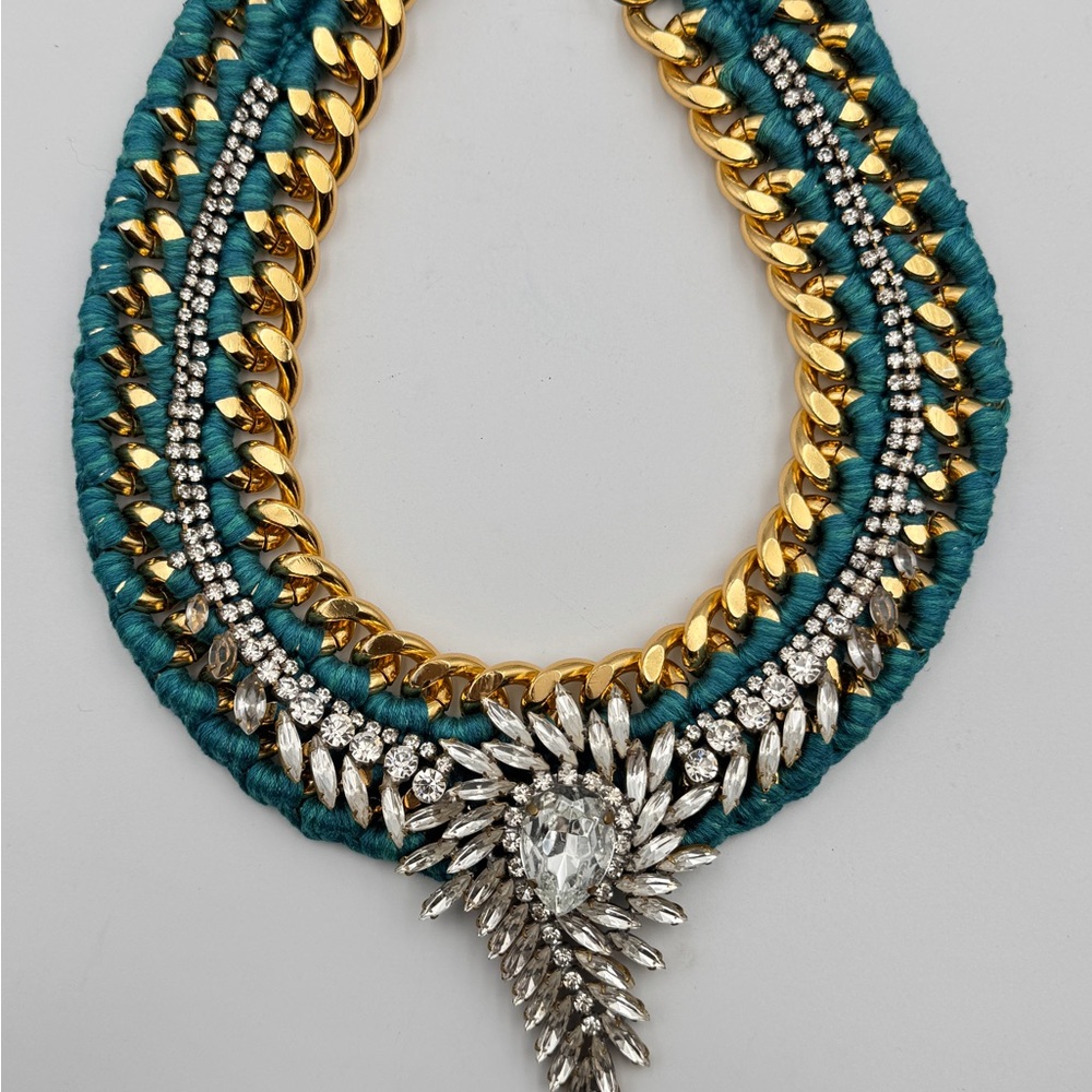 Gold and Teal Ornate Statement Necklace with Crystal Pendant and Faux Stones